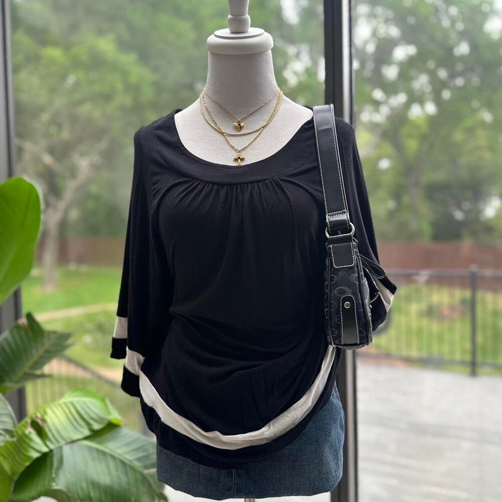 White House Black Market Black & White Draped Poncho Blouse Top